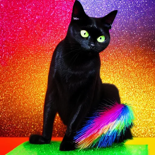 Prompt: a photo of a black cat with ( ( rainbow ) ) glitter, highly detailed, photorealistic, f 2. 8, in - frame, sharpened