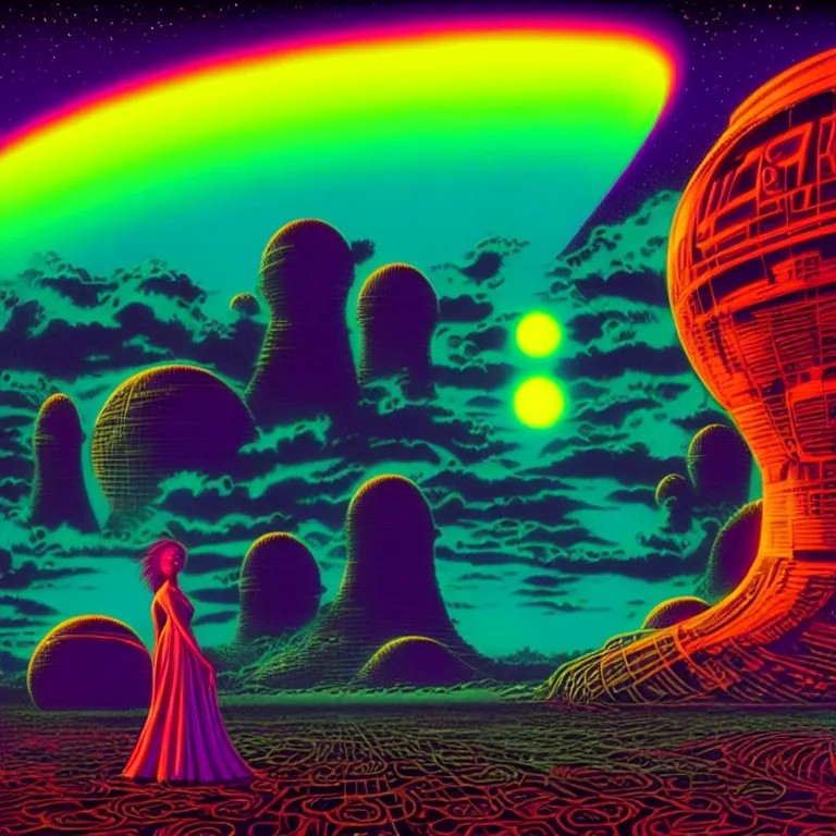 Image similar to spooky ufo hovers over female silhouette, ( ( synthwave ) ) ( ( fractal waves ) ), bright neon colors, highly detailed, cinematic, tim white, roger dean, michael whelan, caza, bob eggleton, philippe druillet, vladimir kush, kubrick, alfred kelsner, vallejo