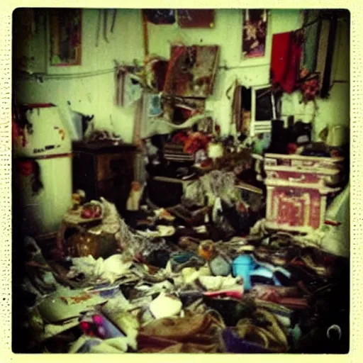 Prompt: messy house in the compulsive hoarder style, polaroid photo, perfect photo, photo pinterest