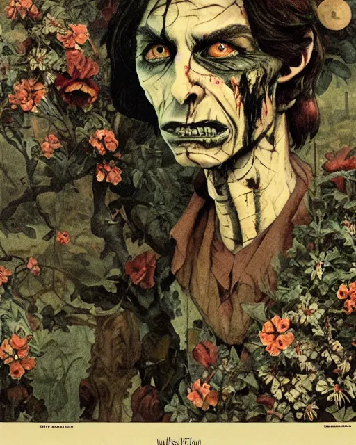 Prompt: a handsome but sinister and creepy goblin man in layers of fear decoupage, with haunted eyes, violence in his eyes, 1 9 7 0 s, seventies, delicate embellishments, a little blood, woodland, blue dawn light shining on wildflowers, painterly, offset printing technique, by walter popp, alexandre cabanel