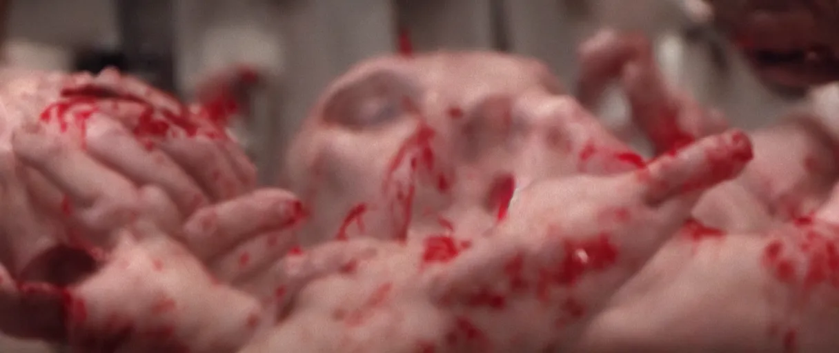 Image similar to filmic closeup dutch angle movie still 4k UHD 35mm film color photograph of a screaming horrified doctor looking down at his freshly amputated hand, where his wrist has been freshly severed, blood is gushing from the wound
