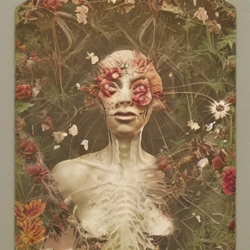 Prompt: a beautiful detailed front view portrait of a rotten woman corpse with fractal plants and fractal flowers growing around, volumetric light, beautiful lit, polaroid photography