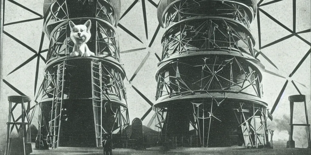 Image similar to anthropomorphic furry wolf inside a giant automaton tower that tracks the stars, 1900s photograph