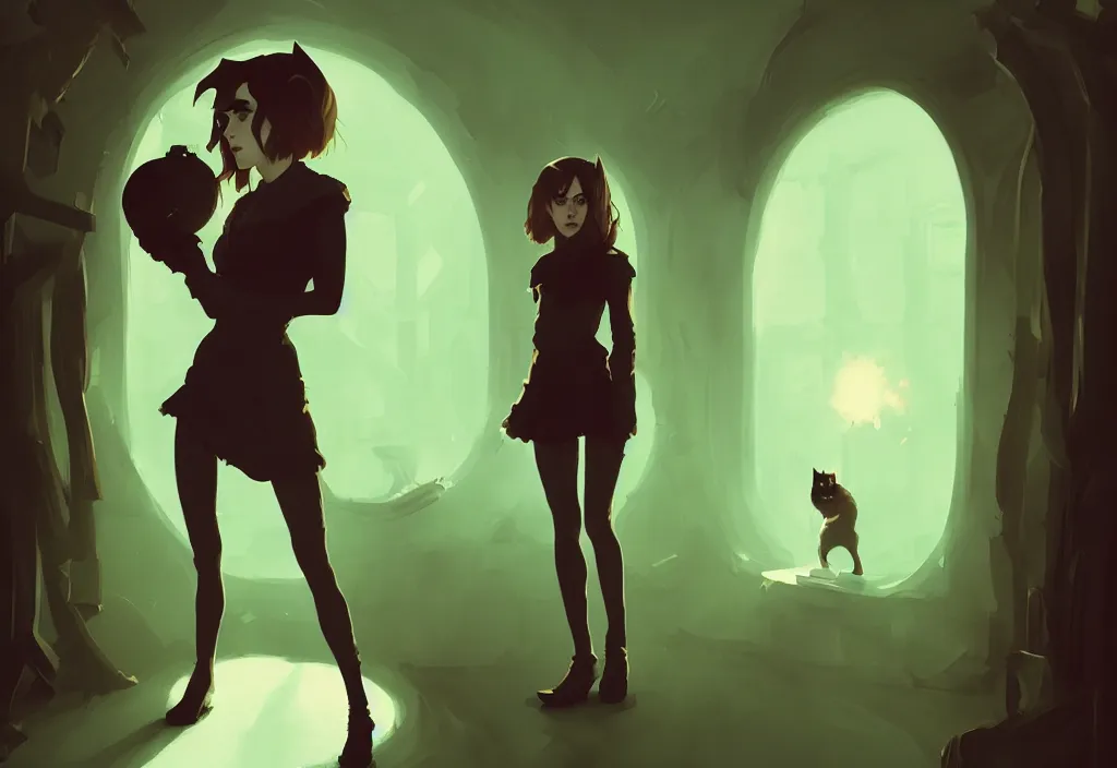 Image similar to emma watson as evil catgirl in the oval cabinet, fantasy, by atey ghailan, by greg rutkowski, by greg tocchini, by james gilleard, by joe gb fenton, dynamic lighting, gradient light green, brown, blonde cream, salad and white colors in scheme, grunge aesthetic