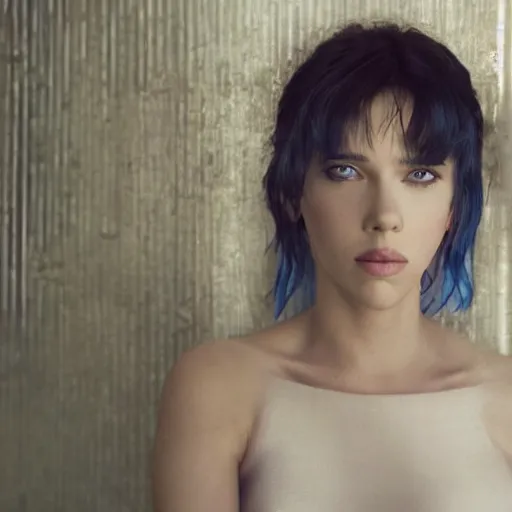 Image similar to a beautiful medium - shot still of scarlett johansson from ghost in the shell looking off into the distance, a - line bob hairstyle, black hairs, ultra realistic, soft, blue hour, soft neons light from night city falling on her face. focus on her eyes and brows. by annie leibowitz