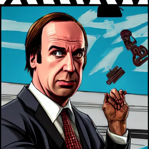Image similar to saul goodman in the style of gta v cover art