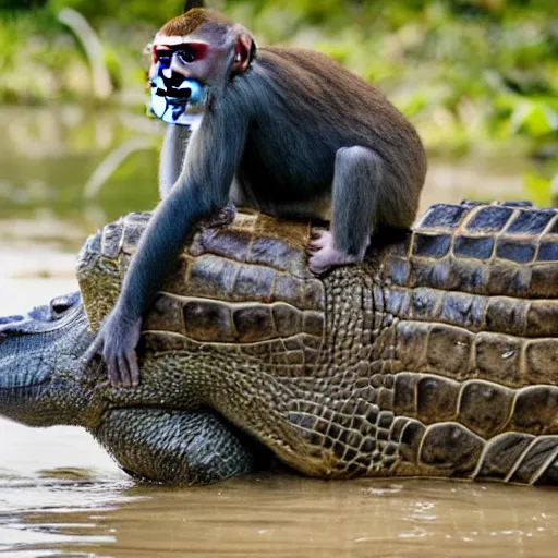 Image similar to monkey on top of a crocodile on a river