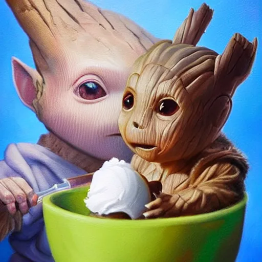 Prompt: a realistic painting by Raffaello Sanzi representing baby Groot and baby Yoda eating an ice cream together. In the back we see Pikachu, very detailed and beautiful lighting 8k, smooth,Sharp focus, realism, trending on Artstation