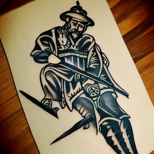 Image similar to tattoo design, stencil, a tarot card of a old man resting on a sword