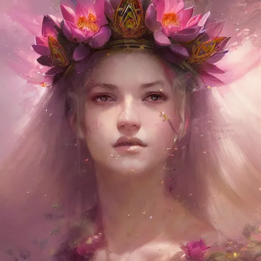 Image similar to Lotus floral crown girl, pink Lotus queen, epic fantasy style art by Craig Mullins, fantasy epic digital art, epic fantasy card game art by Greg Rutkowski