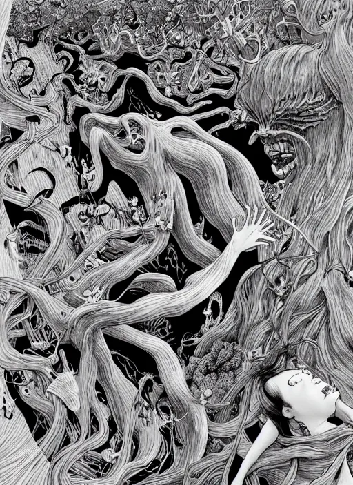 Image similar to junji ito and james jean artwork