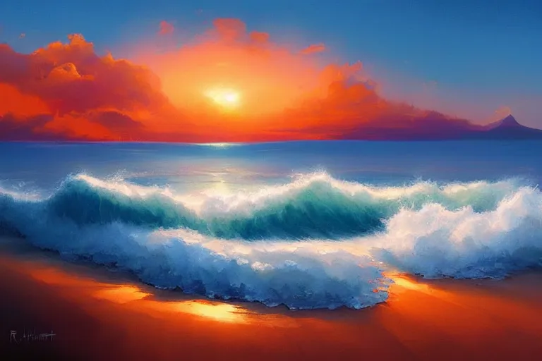 Image similar to a beautiful nature landscape with clouds, ocean waves, sunset, by rhads