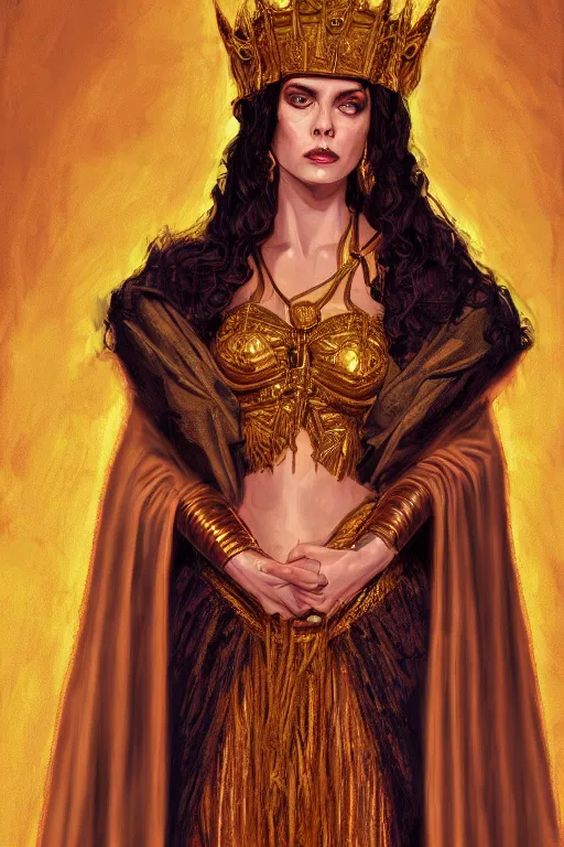 Image similar to Portrait of historically accurate, ancient biblical, sultry, sneering, evil, pagan, wicked, queen jezebel, wearing gilded robes, long hair, intricate, elegant, highly detailed, masterpiece, illustration, art by Andrew Loomis, highly detailed, trending on artstation, award winning