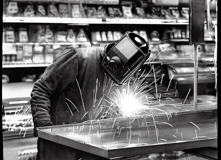 Image similar to welder in welding mask at the supermarket, by richard avedon, tri - x pan stock