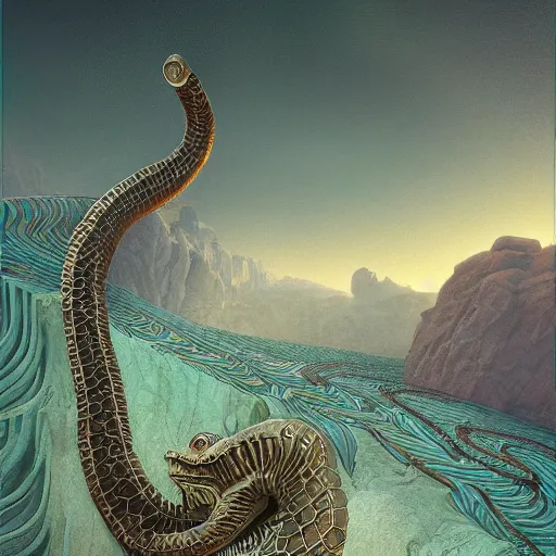 Prompt: desert river serpentine crinoid monster with reptilian iridescent scales, maximalist art nouveau, cgsociety, artstation by gustave dore and tyler edlin