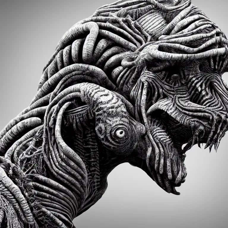 Image similar to surreal spinal ribbed tribal exotic organic face portrait of a beautiful alien animal creature monster, beautiful detailed intricate insanely detailed BW 3D render digital art, octane render, 8K artistic photography, photorealistic