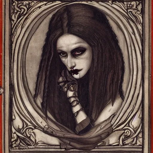 Image similar to gorgeous gothic portrait of a demon woman, intricate detail and composition, highly symmetric