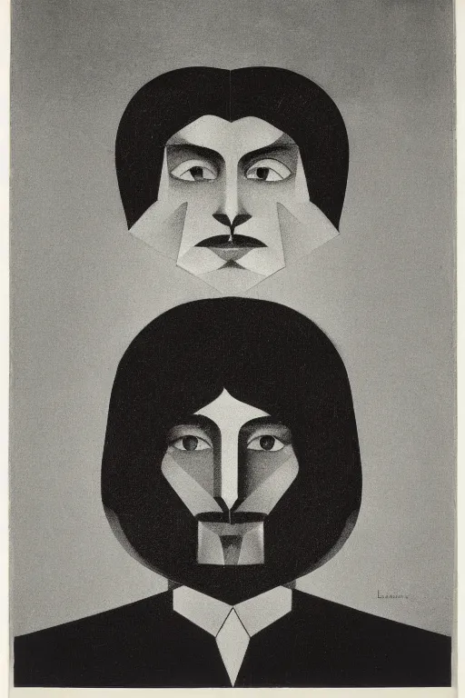 Prompt: geometrical portait of a necromancer with long hair, by laszlo moholy - nagy