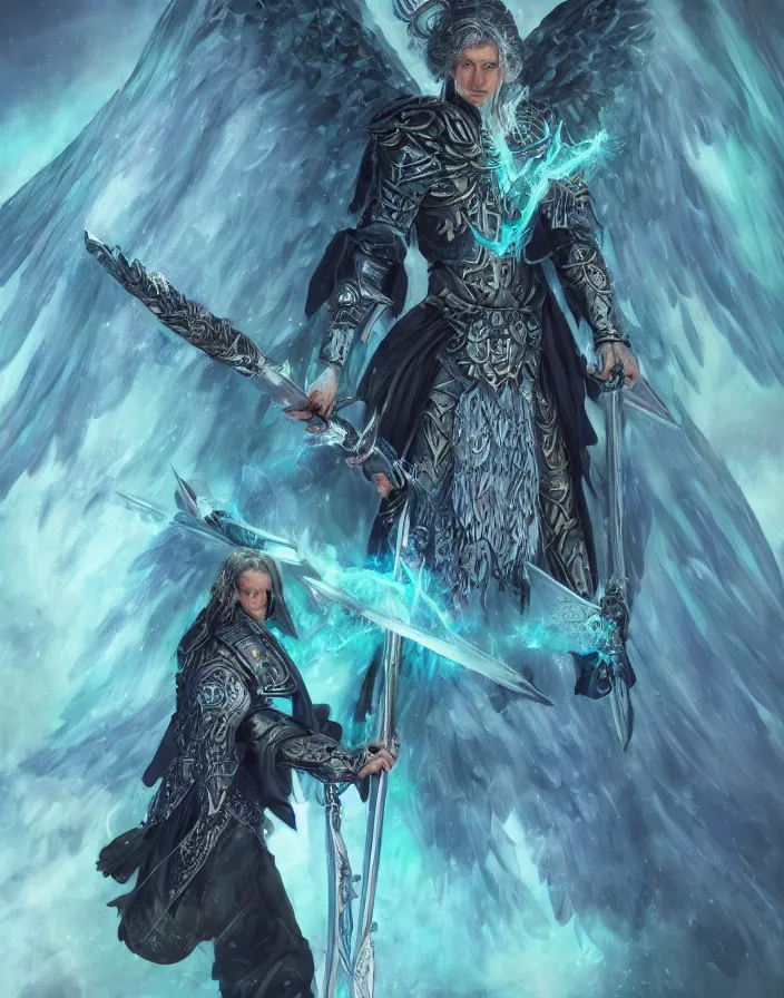 Prompt: An epic fantastic realism comic book style portrait painting of a male hexblade warlock aasimar, massive angel wings, holding a spear made of teal energy, silver hair, middle aged, D&D Concept Art, unreal 5, DAZ, hyperrealistic, octane render, cosplay, RPG portrait, dynamic lighting