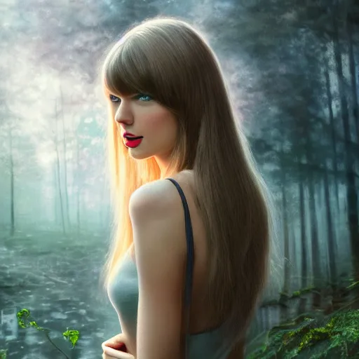 Prompt: taylor swift, long hair with bangs, Crystal blue eyes, full-shot, full pov, beautiful fog lit forest in backround, oil colors, elegant, sharp focus, beautiful face, Hyper-realistic, Highly Detailed, HD, Dramatic Lighting by Brom, by beeple, studio ghibli, wallpaper, highly detailed, trending on artstation