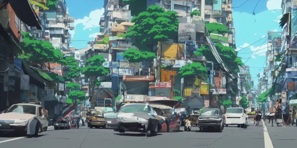 Image similar to rio de janeiro streets in an anime film, directed by makoto shinkai, street level, cinematic