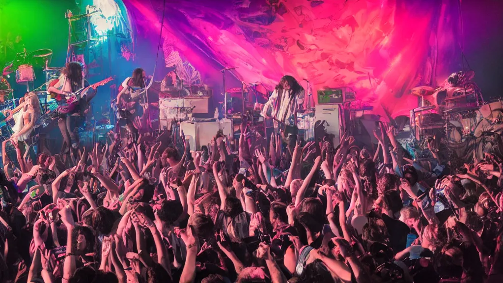 Prompt: a photo of the concert of The Voidz and Julian Casablancas on the moon, all the members of the band are making dramatic poses, while people go crazy listening to their songs, the stage is decorated in a psychedelic style inspired by the eighties, professional photography, 17mm, cinematic photography, photography by Todd Owyoung, high resolution 4k