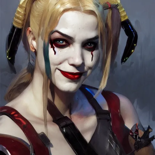 Image similar to portrait of Harley Quinn in bikini armor, dc comics, cyberpunk, Warhammer 40000, dark fantasy, digital art from artstation by Ruan Jia and Mandy Jurgens and Artgerm and william-adolphe bouguereau