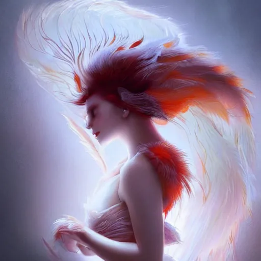 Prompt: prompt A beautiful portrait of a white red orange kumiho, asian face, translucent silky dress, a bra in the shape of peacock feathers, close up front view, long clumpy hair in the shape of fox tail, backlit, concept art, matte painting, by Peter Mohrbacher