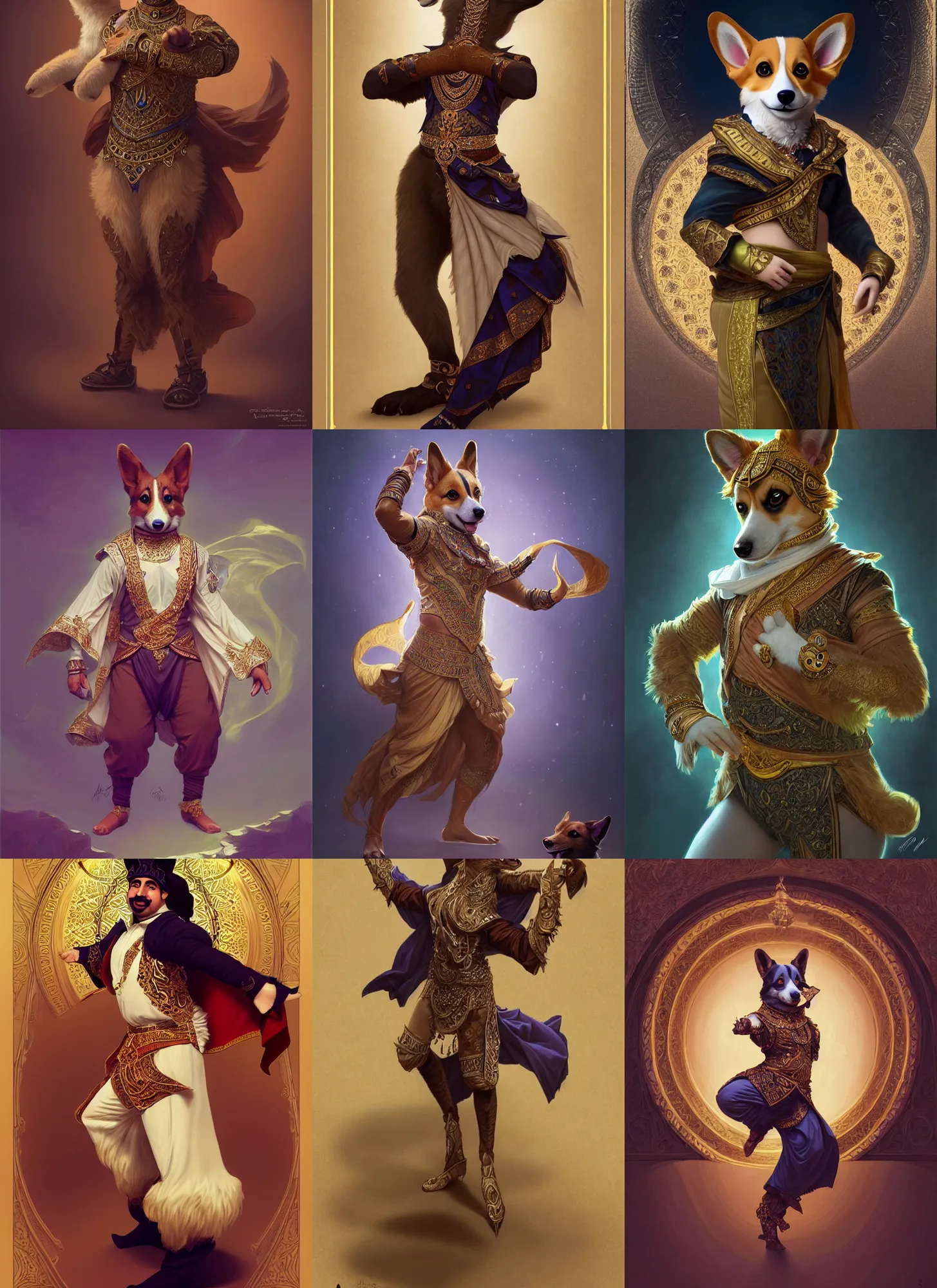 Prompt: full body photograph of a male anthropomorphic corgi fursona arabian dancer, deep focus, intricate, elegant, highly detailed, digital painting, artstation, concept art, matte, sharp focus, illustration, d & d, fantasy, hearthstone, art by artgerm and greg rutkowski and alphonse mucha