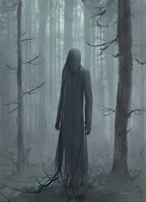 Prompt: a creepy portrait of slenderman. forest. night. character design by cory loftis, fenghua zhong, ryohei hase, ismail inceoglu and ruan jia. volumetric light, detailed, rendered in octane