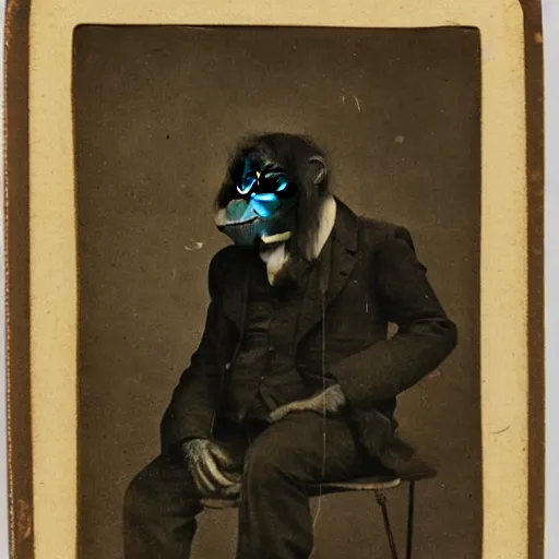 Prompt: An old orangutan in a suit, daguerrotype