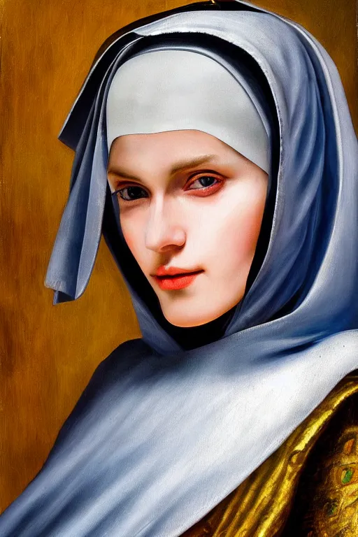 Image similar to hyperrealism oil painting, close - up portrait of european medieval nun albino fashion model, knight, steel gradient mixed with nebula sky, in style of baroque