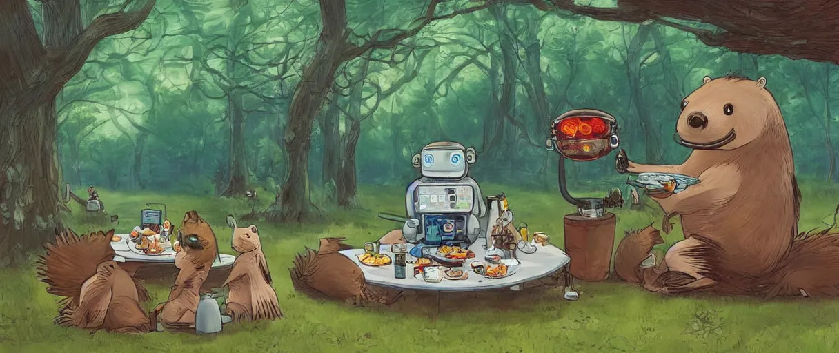 Prompt: a beautiful illustration of a strange anthropomorphic beaver robot hybrid having lunch in the park by James Jean | comic book:.7 | unreal engine:.3