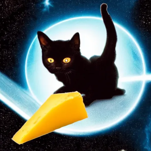 Prompt: cat in a black hole eating cheese with a lightsaber