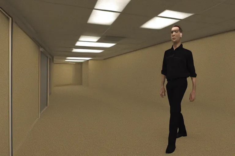 Image similar to 3 d render of jerma 9 8 5, jerma walking around in the backrooms, jerma walking in endless halls of completely empty office space with worn light mono - yellow 7 0 s wallpaper, old moist carpet, and inconsistently - placed fluorescent lighting | liminal space | non - euclidean space | high octane | blender | 3 d render