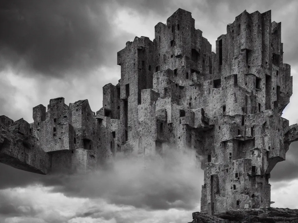 Image similar to photo of a brutalist cathedral built over a rocky hill, in the middle of a storm. realistic clouds. impressive, magical, very atmospheric, cinematic, deep, very high complexity, stunning, dramatic masterpiece, chiaroscuro, romantic, very detailed. 4 k