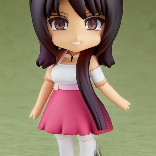 Prompt: nendoroid of a tan middle aged woman with dark long wavy hair, brown eyes, pink lipstick