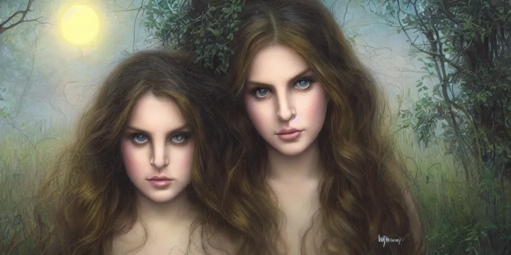 Image similar to big-eyed Lana Del Rey staring into the camera, sundown misty firefly wisps, Lilia Alvarado, Sophie Anderson, Mark Arian, Bob Byerley, Charlie Bowater, Mark Brooks, Steve Henderson, Justin Gerard, Arthur Hughes, Edward Robert Hughes, Mark Keathley, Victor Nizovtsev, Carlos Shwabe, Ross Tran, WLOP
