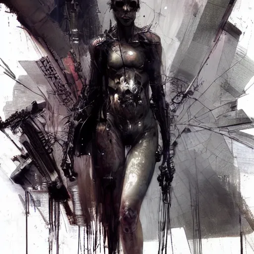 Image similar to female cybernetic dream hunter, cyberpunk, wires, skulls!! machines ( by emil melmoth zdzislaw belsinki craig mullins yoji shinkawa ) realistic render ominous detailed photo atmospheric by jeremy mann francis bacon and agnes cecile ink drips paint smears!! digital glitches glitchart!!