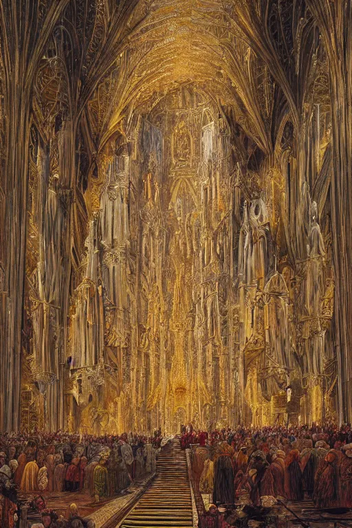 Prompt: The Grand Wizard in gold mage robes, gives a speech to his congregation, inside the holy Duomo di Milano, realistic, fantasy, intricate, elegant, highly detailed, digital painting, artstation, concept art, smooth, sharp focus, illustration, symmetry, masterpiece, art by Marc Simonetti, by Greg Rutkowski