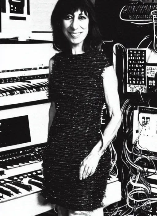 Image similar to Suzanne Ciani wearing a dress made out of synthesizer cables designed by Julius