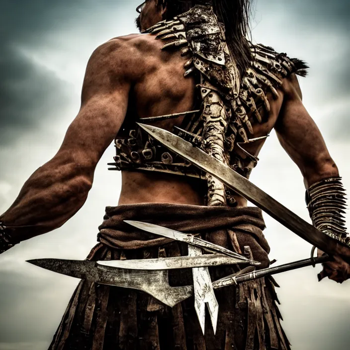 Prompt: photo of a warrior with bone blades coming out of forearm, highly detailed, 4 k, hdr, smooth, sharp focus, high resolution, award - winning photo