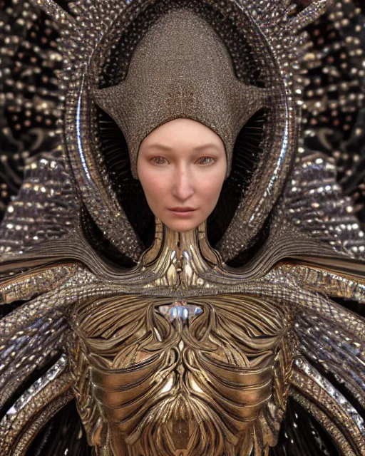 Image similar to a highly detailed metahuman 4 k close up render of an alien goddess bella hadid monument sacred in iris van herpen dress schiaparelli in diamonds crystals swarovski and jewelry iridescent in style of alphonse mucha gustav klimt trending on artstation made in unreal engine 4