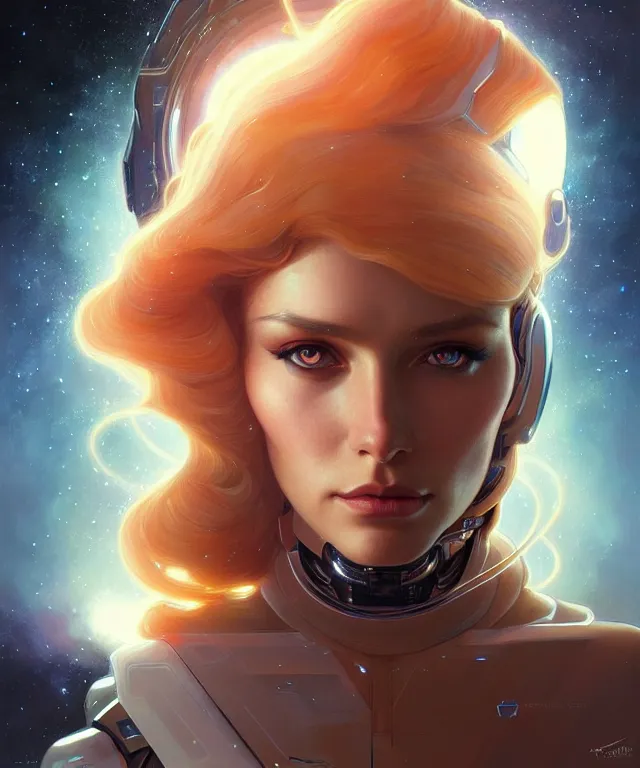 Image similar to futuristic space woman portrait, sci-fi, amber eyes, face, long hair, fantasy, intricate, elegant, highly detailed, digital painting, artstation, concept art, smooth, sharp focus, illustration, art by artgerm and greg rutkowski and alphonse mucha