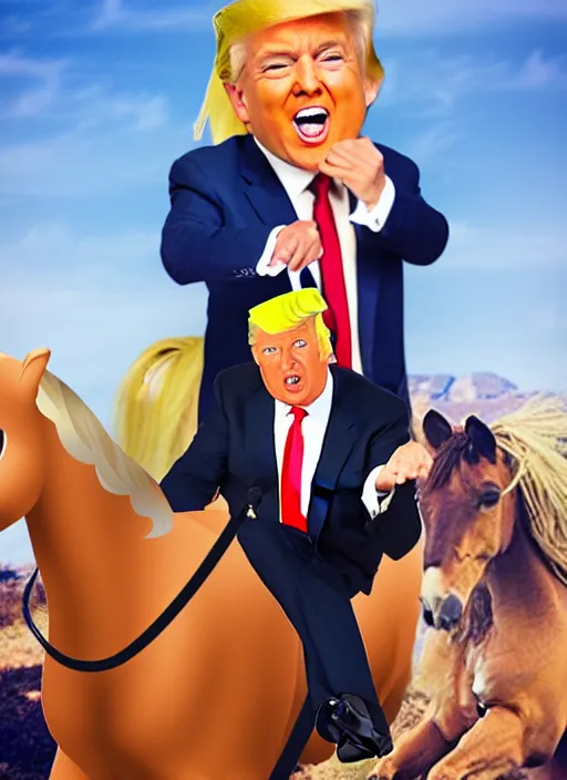 Prompt: Donald trump riding a pony in the style of pixar