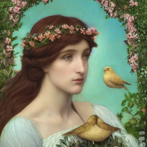 Image similar to Beautiful Pre-Raphaelite goddess of nature holding a little bird, in the style of John William Godward and Anna Dittman, close-up portrait, head in focus, flowers and plants, etheric, moody, intricate, mystical,