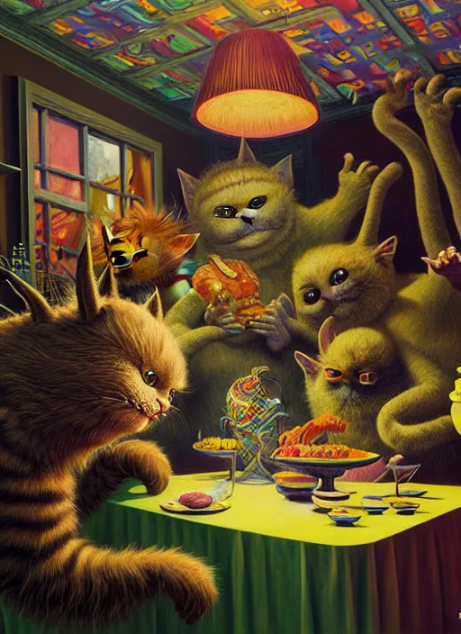 Image similar to hyper detailed 3d render, Oil painting, a cat dinner party - where the wild things are by Jacek Yerka, Mariusz Lewandowski, Houdini algorithmic generative render, Abstract brush strokes, Masterpiece, Edward Hopper and James Gilleard, Zdzislaw Beksinski, Mark Ryden, Wolfgang Lettl, hints of Yayoi Kasuma, octane render, 8k