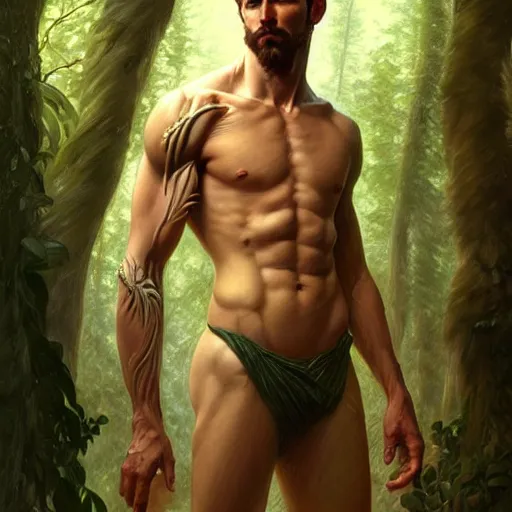 Image similar to portrait of forest god, male, clear face, masculine, upper body, muscular, fantasy, intricate, elegant, hairy torso, highly detailed, digital painting, artstation, concept art, matte, sharp focus, illustration, art by artgerm and greg rutkowski and alphonse mucha