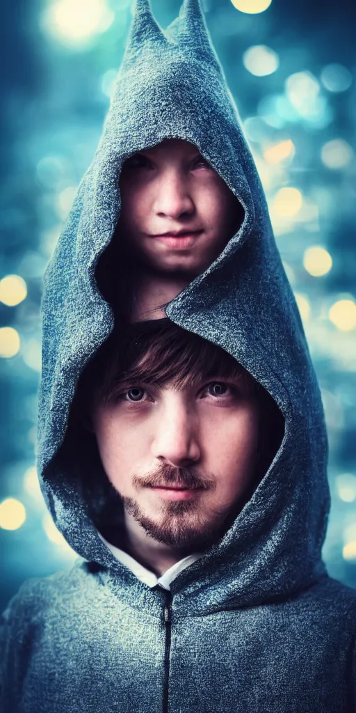 Image similar to portrait of a mysterious wizard with a Hood, bright eyes, fantasy, photorealistic, bokeh, magic lights, cinematic