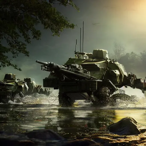 Image similar to amphibious mobile combat armor stepping out of a pond with a lazer rifle dripping water. film still. brightly lit scene. this 4 k hd image is trending on artstation, featured on behance, well - rendered, extra crisp, features intricate detail, epic composition and the style of unreal engine.